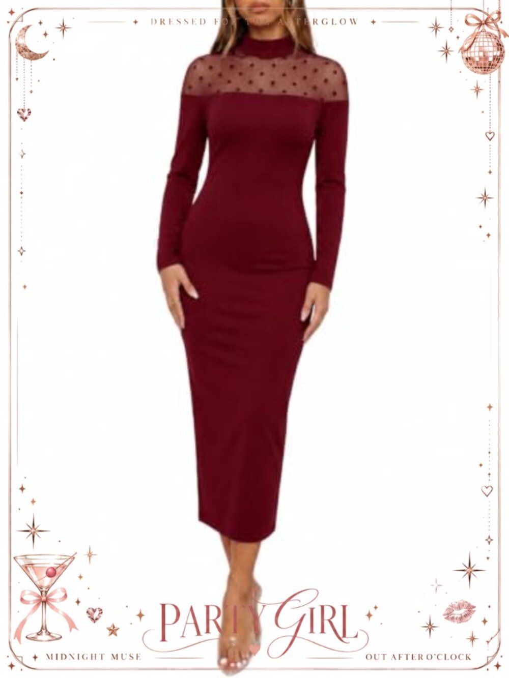 Women's Polka Dot Mesh Mock Neck Long Sleeve Ribbed Knit Bodycon Midi Dress